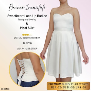 May include: A white strapless dress with a sweetheart neckline and a pleated skirt. The text reads Bianco Incantato, Sweetheart Lace-Up Bodice, lining and boning, Pleat Skirt, DIGITAL SEWING PATTERN, 12 SIZES, A0, A4, US LETTER, PREMIUM BUNDLE: ALL 12 SIZES US 4-22.