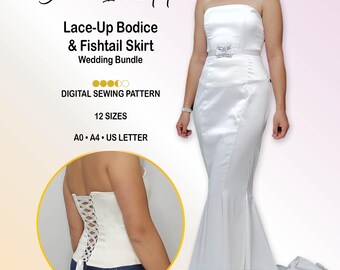 May include: A white strapless wedding dress with a fishtail skirt and a belt featuring a decorative buckle. The image includes a digital sewing pattern for a lace-up bodice, available in 12 sizes including US 4-22, A0, A4, and US Letter formats.