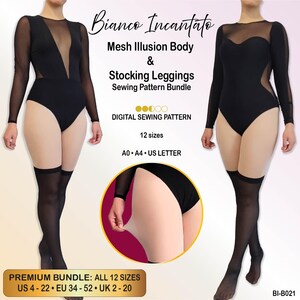 Könnte beinhalten: Ein digitales Schnittmuster-Set namens Bianco Incantato für einen schwarzen Mesh-Illusion-Body und Strumpf-Leggings. Das Muster umfasst 12 Größen in den Formaten A0, A4 und US Letter für US-Größen 4-22, EU 34-52 und UK 2-20.