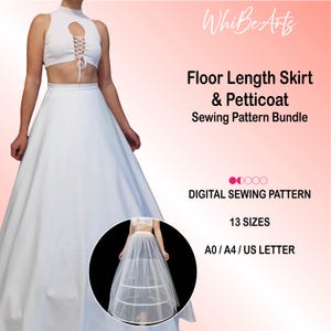 May include: A white floor-length skirt and petticoat sewing pattern bundle. The image shows a woman wearing the skirt and a crop top with a lace-up detail. The text reads "Floor Length Skirt & Petticoat Sewing Pattern Bundle".