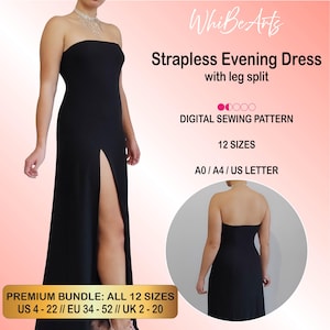 Vestido de noche sin tirantes hasta el suelo con abertura en la pierna, patrón de costura en PDF para adultos principiantes, 12 tallas, con instrucciones