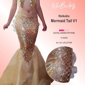 Walkable Mermaid Tail Skirt with Side Fins, Beginner Adult Layered PDF Sewing Pattern, 13 sizes, With Instructions