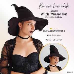 Puede incluir: Un sombrero de bruja o mago negro moldeable con ala ancha, presentado en un patrón de costura digital titulado Bianco Incantato. El patrón incluye tallas para niños y adultos en formatos A0, A4 y US Letter, mostrado con una gargantilla negra.