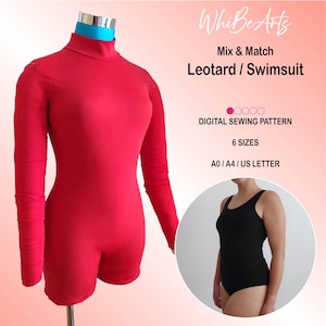 Leotard or Swimsuit PDF Sewing Pattern: Mix & Match, Turtleneck, Sleeves and Shorts, 6 sizes, With Instructions