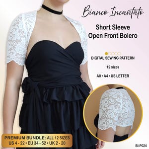 Op de afbeelding: Een digitaal naaipatroon voor een witte kanten bolero met korte mouwen en een open voorkant. De tekst luidt Bianco Incantato, Short Sleeve Open Front Bolero, DIGITAL SEWING PATTERN, 12 sizes, A0, A4, US LETTER, en PREMIUM BUNDLE.