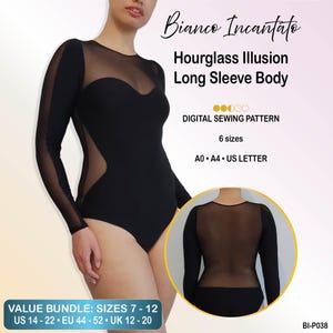 Może przedstawiać: Czarny body z długim rękawem i przezroczystymi wstawkami z siateczki na rękawach, bokach i klatce piersiowej. Tekst: Bianco Incantato, Hourglass Illusion Long Sleeve Body, DIGITAL SEWING PATTERN, 6 rozmiarów, A0, A4, US LETTER, EU 44-52, UK 12-20.
