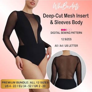 Plunge-Cut Mesh Insert, Back and Long Sleeve Body, Adult PDF Sewing Pattern, 12 sizes, With Instructions