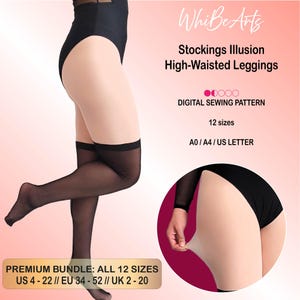 Patrón de costura para leggings de cintura alta con medias hasta el muslo, ideal para principiantes, con instrucciones.