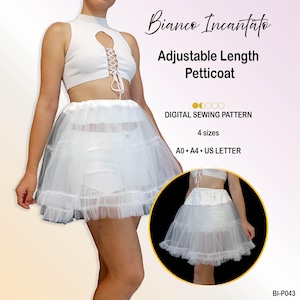 May include: A white adjustable length petticoat digital sewing pattern labelled Bianco Incantato. The image displays a white tulle petticoat with ruffles, available in 4 sizes for A0, A4, and US Letter paper formats, shown in two views.