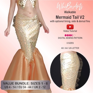 May include: A golden mermaid tail costume with a matching top. The tail features a scale pattern and a flowing, layered bottom. The image includes text that reads "Walkable Mermaid Tail V2" and "Digital Sewing Pattern".