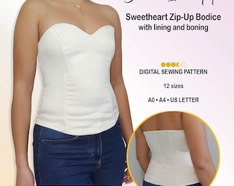 Może przedstawiać: Biały gorset bez ramiączek z dekoltem w kształcie serca, podszewką i fiszbinami. Tekst głosi: Bianco Incantato, Sweetheart Zip-Up Bodice with lining and boning, DIGITAL SEWING PATTERN, 12 sizes, A0, A4, US LETTER, PREMIUM BUNDLE: EU 34-52.