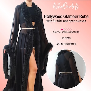 Hollywood Glamour Boudoir Robe with Fur Trim and Open Split Sleeves, Beginner PDF Sewing Pattern, 13 sizes, With Instructions