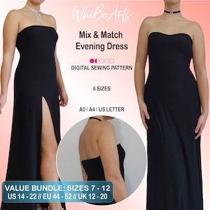 Puede incluir: Imagen de un vestido de noche negro sin tirantes con una abertura alta. La imagen incluye el texto "Mix & Match Evening Dress" y "Digital Sewing Pattern". El vestido está disponible en 6 tallas. El paquete de valor incluye tallas 7-12, US 14-22, EU 44-52 y UK 12-20.