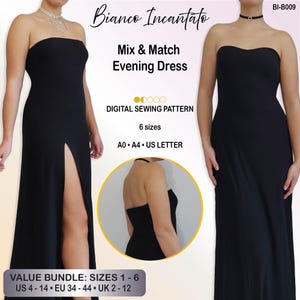 Puede incluir: Un patrón de costura digital para un vestido de noche negro sin tirantes titulado Bianco Incantato. El patrón incluye 6 tallas, disponibles en formatos A0, A4 y US Letter. El paquete cubre tallas US 4-14, EU 34-44 y UK 2-12, con una abertura.