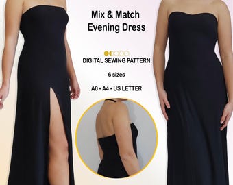May include: A digital sewing pattern for a strapless black evening dress titled Bianco Incantato. The pattern includes 6 sizes, available in A0, A4, and US Letter formats. A value bundle covers US sizes 4-14, EU 34-44, and UK 2-12, featuring a front slit.