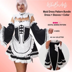 Conjunto de vestido de sirvienta, mangas y cuello, paquete de patrones de costura en PDF, 6 tallas, para adultos, con instrucciones.