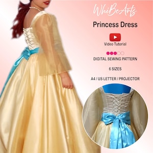 Princess Dress with Long Sleeves and Corset Back Cosplay Pattern, PDF Sewing Pattern, 6 Sizes, With Instructions, Video Tutorial