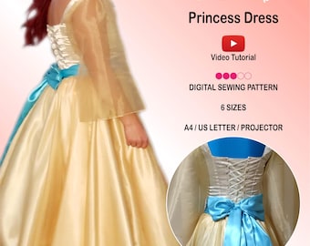 Princess Dress with Long Sleeves and Corset Back Cosplay Pattern, PDF Sewing Pattern, 6 Sizes, With Instructions, Video Tutorial