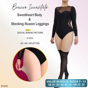 Może przedstawiać: Cyfrowy wykroj krawiecki na czarne body z dekoltem w serce i legginsy imitujące pończochy. Tekst brzmi: Bianco Incantato, Sweetheart Body & Stocking Illusion Leggings, DIGITAL SEWING PATTERN, 6 sizes, A0 A4 US LETTER, VALUE BUNDLE: SIZES 7 - 12, US 14 - 22, EU 44 - 52, UK 12 - 20, BI-B020.