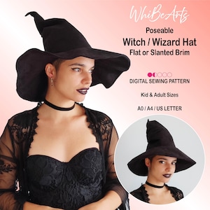 Könnte beinhalten: Ein schwarzer Hexen- oder Zaubererhut mit breiter Krempe und spitzer Krone. Der Hut ist Teil eines digitalen Schnittmusters, erhältlich in Kinder- und Erwachsenengrößen. Der Text auf dem Bild lautet "Poseable Witch / Wizard Hat Flat or Slanted Brim".