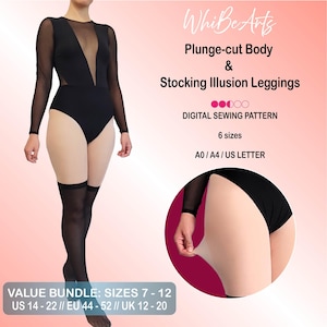 May include: A black plunge-cut bodysuit with sheer long sleeves and a sheer neckline, paired with stocking illusion leggings. The image includes text that reads "Plunge-cut Body & Stocking Illusion Leggings" and "DIGITAL SEWING PATTERN".