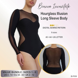 Może przedstawiać: Czarny body z długim rękawem i przezroczystymi panelami z siateczki tworzącymi iluzję klepsydry. Tekst: Bianco Incantato, Hourglass Illusion Long Sleeve Body, DIGITAL SEWING PATTERN, 6 rozmiarów, A0, A4, US LETTER, VALUE BUNDLE: SIZES 1-6, US 4-14, EU 34-44, UK 2-12, BI-P038.