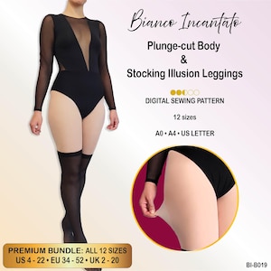 May include: A digital sewing pattern for a black long-sleeve bodysuit with a deep plunge neckline and sheer mesh panels, paired with stocking illusion leggings. The text includes Bianco Incantato, Plunge-cut Body & Stocking Illusion Leggings, 12 sizes, A0, A4, US Letter, and a premium bundle size range from US 4 to 22.