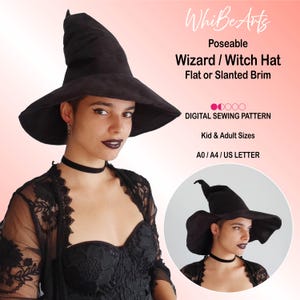 May include: A black wizard or witch hat with a flat or slanted brim. The hat is poseable and available in kid and adult sizes. The image also includes the text "DIGITAL SEWING PATTERN" and "A0/A4/US LETTER".