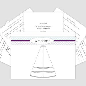 Puede incluir: Patrón de costura de enagua en A de WhiBeArts. El patrón está impreso en papel blanco e incluye instrucciones y diagramas. El diseño presenta una forma de cono con líneas horizontales. El texto incluye "WBASP045" y "A-Line Petticoat Sewing Pattern".