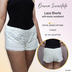 Pode incluir: Shorts de renda branca com cós elástico, apresentados como um molde de costura digital intitulado Bianco Incantato. O molde inclui 12 tamanhos e está disponível nos formatos A0, A4 e US Letter, identificado pelo código BI-P004.