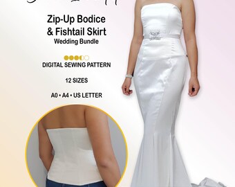 May include: A digital sewing pattern for a white strapless zip-up bodice and fishtail skirt wedding bundle. The text reads Bianco Incantato, Zip-Up Bodice & Fishtail Skirt Wedding Bundle, Digital Sewing Pattern, 12 Sizes, A0, A4, US Letter, and Premium Bundle: All 12 Sizes US 4-22, EU 34-52, UK 2-20.