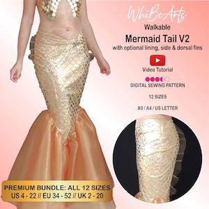 Walkable Mermaid Tail Skirt Version 2, Side and Dorsal Fins, Lining, Adult Layered PDF Sewing Pattern, 12 sizes, With Instructions