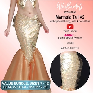 Jupe queue de sirène praticable, version 2, tailles 7-12, patron de couture PDF, nageoires latérales et dorsales, doublure, avec instructions
