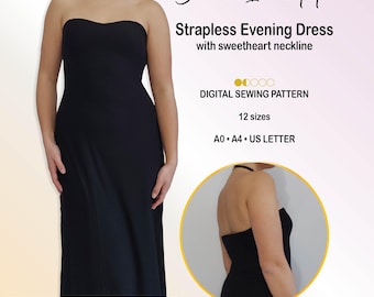 May include: A black strapless evening dress with a sweetheart neckline, presented as a digital sewing pattern. The text reads Bianco Incantato, Strapless Evening Dress with sweetheart neckline, DIGITAL SEWING PATTERN, 12 sizes, A0, A4, US LETTER, and PREMIUM BUNDLE: ALL 12 SIZES US 4 - 22, EU 34 - 52, UK 2 - 20, BI-P018.