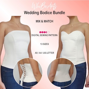 Patrón de costura para corpiño de corsé de boda: combinable, con cremallera o cordones, escote recto o corazón, instrucciones