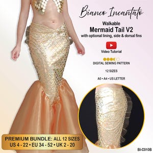 May include: A digital sewing pattern for a gold mermaid tail with a scale texture, featuring a flared peach-colored organza hem. The text reads Bianco Incantato, Walkable Mermaid Tail V2, Video Tutorial, 12 SIZES, A0, A4, US LETTER, PREMIUM BUNDLE.