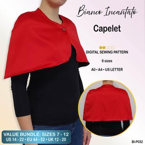 Może przedstawiać: Jaskrawoczerwona pelerynka z zapięciem na jeden guzik, prezentowana jako cyfrowy wykroj krawiecki. Tekst zawiera Bianco Incantato Capelet, Digital Sewing Pattern, 6 sizes, A0, A4, US Letter oraz Value Bundle: Sizes 7-12, US 14-22, EU 44-52, UK 12-20.