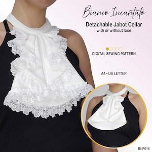 May include: A white detachable jabot collar featuring layered fabric and lace trim, presented as a digital sewing pattern. The text reads Bianco Incantato, Detachable Jabot Collar with or without lace, DIGITAL SEWING PATTERN, A4, US LETTER, BI-P016.