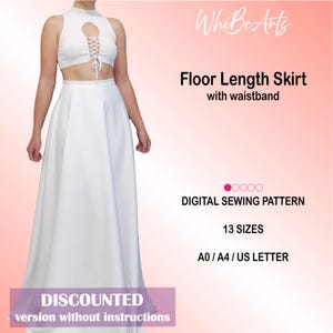 Peut inclure: Une jupe longue blanche avec une ceinture, associée à un crop top assorti. Le haut présente un col montant et un détail de laçage. L'image comprend également le texte "Floor Length Skirt" et "Digital Sewing Pattern".