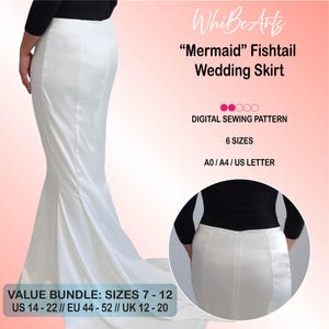 Pode incluir: Uma saia de noiva branca com cauda de sereia. A imagem mostra um padrão de costura digital disponível em 6 tamanhos. O texto na imagem diz "Saia de noiva sereia" e "Padrão de costura digital".