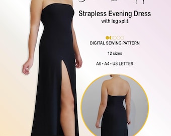 May include: A black strapless evening dress with a leg split, presented as a digital sewing pattern. The text reads Bianco Incantato, Strapless Evening Dress with leg split, DIGITAL SEWING PATTERN, 12 sizes, A0, A4, US LETTER, PREMIUM BUNDLE: ALL 12 SIZES US 4-22, EU 34-52, UK 2-20, BI-P014.