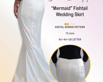 May include: A white mermaid fishtail wedding skirt digital sewing pattern by Bianco Incantato. The text includes "Mermaid" Fishtail Wedding Skirt, 12 sizes, A0, A4, US Letter, and a premium bundle with US sizes 4-22, EU 34-52, and UK 2-20.