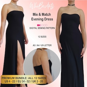 Strapless Evening Dress PDF Sewing Pattern Bundle: Straight or Sweetheart Neckline, Leg Split, Instructions