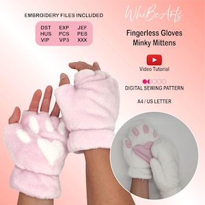 Fingerlose Handschuhe oder Minky Mit Pfote Stickmuster PDF Schnittmuster Bundle, Erwachsene, Einheitsgröße, mit Anleitung