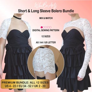 Long and Short Sleeve Lace Bolero Sewing Pattern Bundle, Mix and Match, 12 sizes, With Instructions