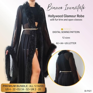 May include: A black sheer robe with long open sleeves and black faux fur trim along the front opening and cuffs. The text reads: Bianco Incantato, Hollywood Glamour Robe with fur trim and open sleeves, DIGITAL SEWING PATTERN, 12 sizes, A0, A4, US LETTER, PREMIUM BUNDLE: ALL 12 SIZES US 4 - 22, EU 34 - 52, UK 2 - 20, BI-P021.