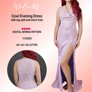 Langes Abendkleid mit Wasserfallausschnitt, Beinschlitz, Kurzer Schleppe und Teilungsnähten, PDF Schnittmuster für Fortgeschrittene, 13 Größen, Mit Anleitung