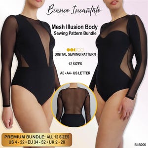 Może przedstawiać: Czarne body z długim rękawem i wstawkami z siateczki, zawierające tekst Bianco Incantato, Mesh Illusion Body Sewing Pattern Bundle, Digital Sewing Pattern, 12 rozmiarów, A0, A4, US Letter oraz zakresy rozmiarów US 4-22, EU 34-52, UK 2-20.