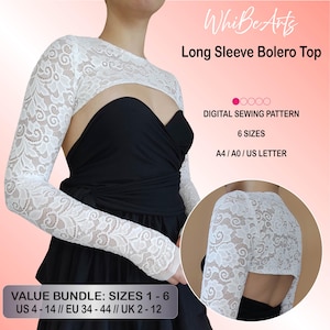 Puede incluir: Un bolero de manga larga de encaje blanco. El patrón de costura digital está disponible en seis tallas, tallas EU 34-44. La imagen incluye el texto "WhiBe Arts Long Sleeve Bolero Top" y "Digital Sewing Pattern".