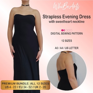 Bodenlanges Trägerloses Abendkleid mit Sweetheart Ausschnitt, Anfänger PDF Schnittmuster, 12 Größen, mit Anleitung